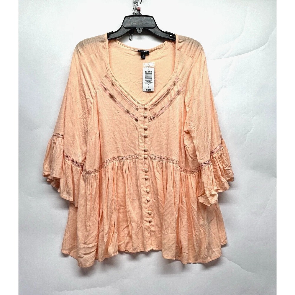 Torrid Women's Peach Size 0 "large" Bell Sleeve Rayon Peasant Blouse NEW(D5)